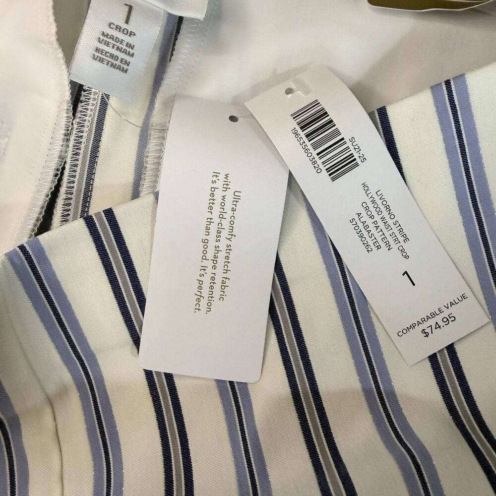 Chico's Crop Pants Capris Women's Size 8 Blue White Striped Metallic Straight - Picture 4 of 11